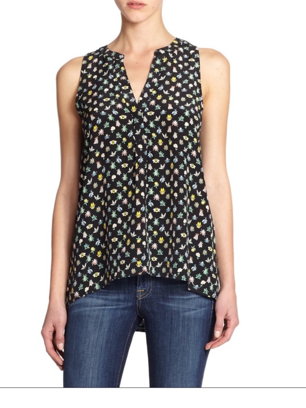 Joie Aruna Bug Print Silk Sleeveless Blouse Navy Size Large ASO